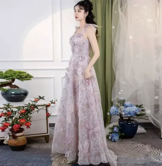 Dreamy Lavender Beaded Prom Dress ,A-Line Spaghetti Straps Applique Corset Maxi Evening Dress RS930