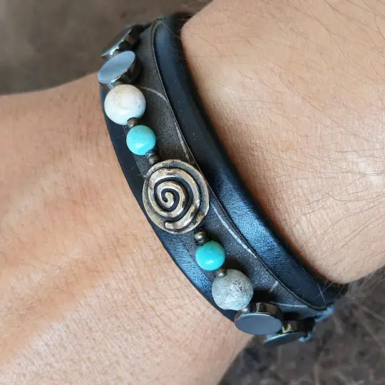 OOAK Black Leather Bracelet with Turquoise, Jasper & Silver Spiral
