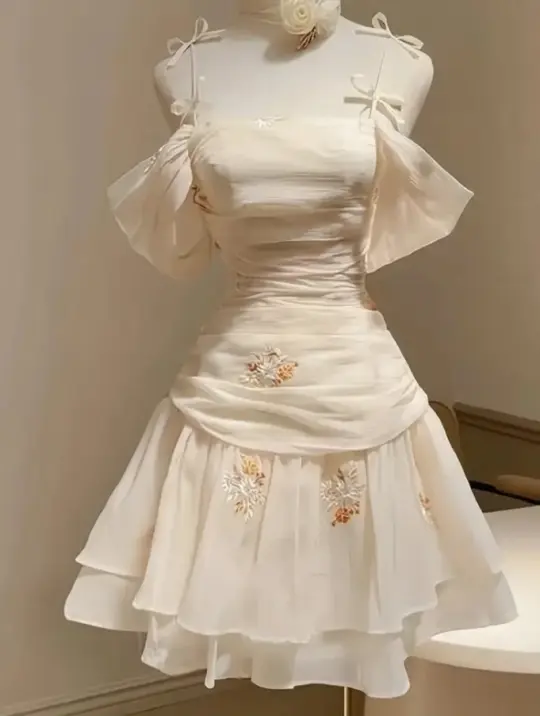 Elegant Ivory Homecoming Dress A-Line Off-the-shoulder Embroidery Corset Mini Prom Dress RS730