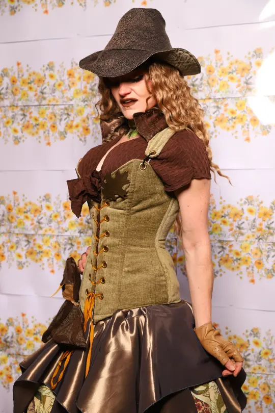 Courtier Corset With Leather Oak Leaves In Botanical Thread Green - The Leave It To Beaver Collection