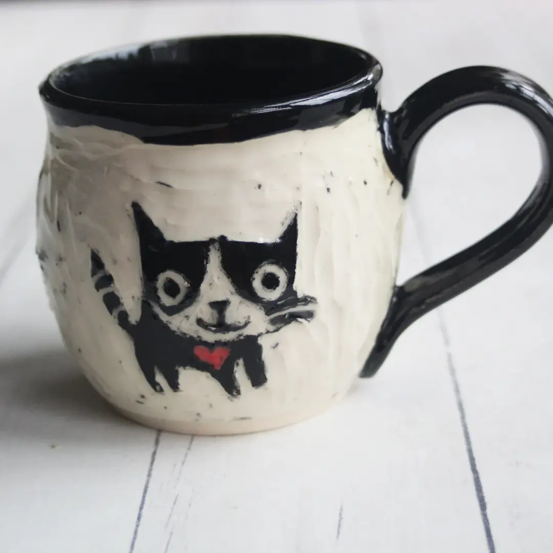 Whimsical Black Cat Sgraffito Mug, Cat Lover's Coffee Cup, 14 oz., Made in USA