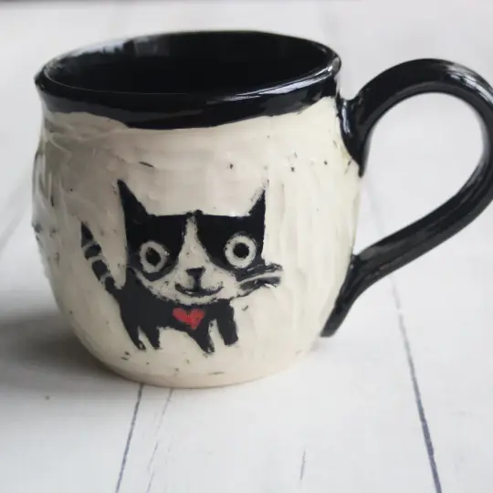 Whimsical Black Cat Sgraffito Mug, Cat Lover's Coffee Cup, 14 oz., Made in USA