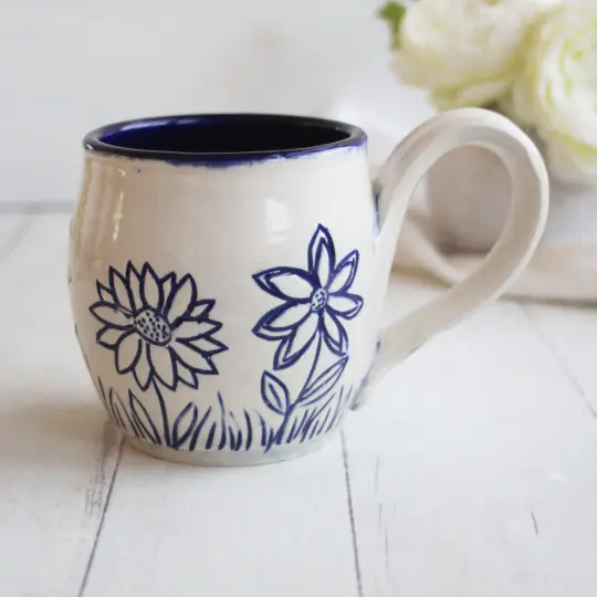 Spring Flowers Carved Coffee Cup, 13 Ounce Gardeners Pottery Mug, Handmade in USA