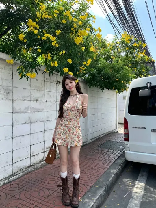 French halter neck A-line romantic floral print dress R9097