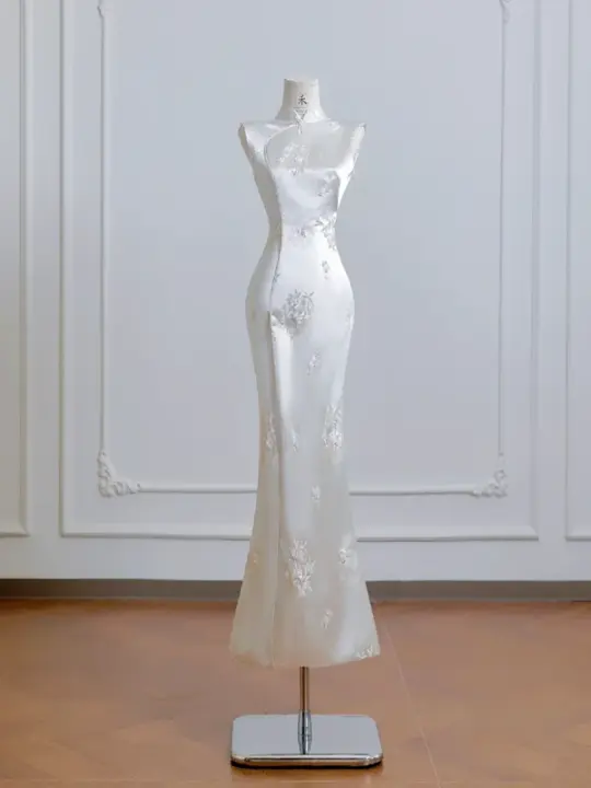 White cheongsam, fitted waist, slim hips, sexy long ball gown R8214