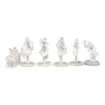 Unpainted 28mm 3D-printed six unpainted translucent ghost miniatures from a haunted graveyard lined up together, including a ghost rising from a tomb in clear resin, tabletop RPG miniature for D&D, Pathfinder & wargaming
