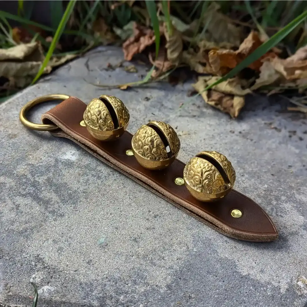Sleigh Bell Hanger | Tawny Brown + Brass Raspbery Bells, No. 1