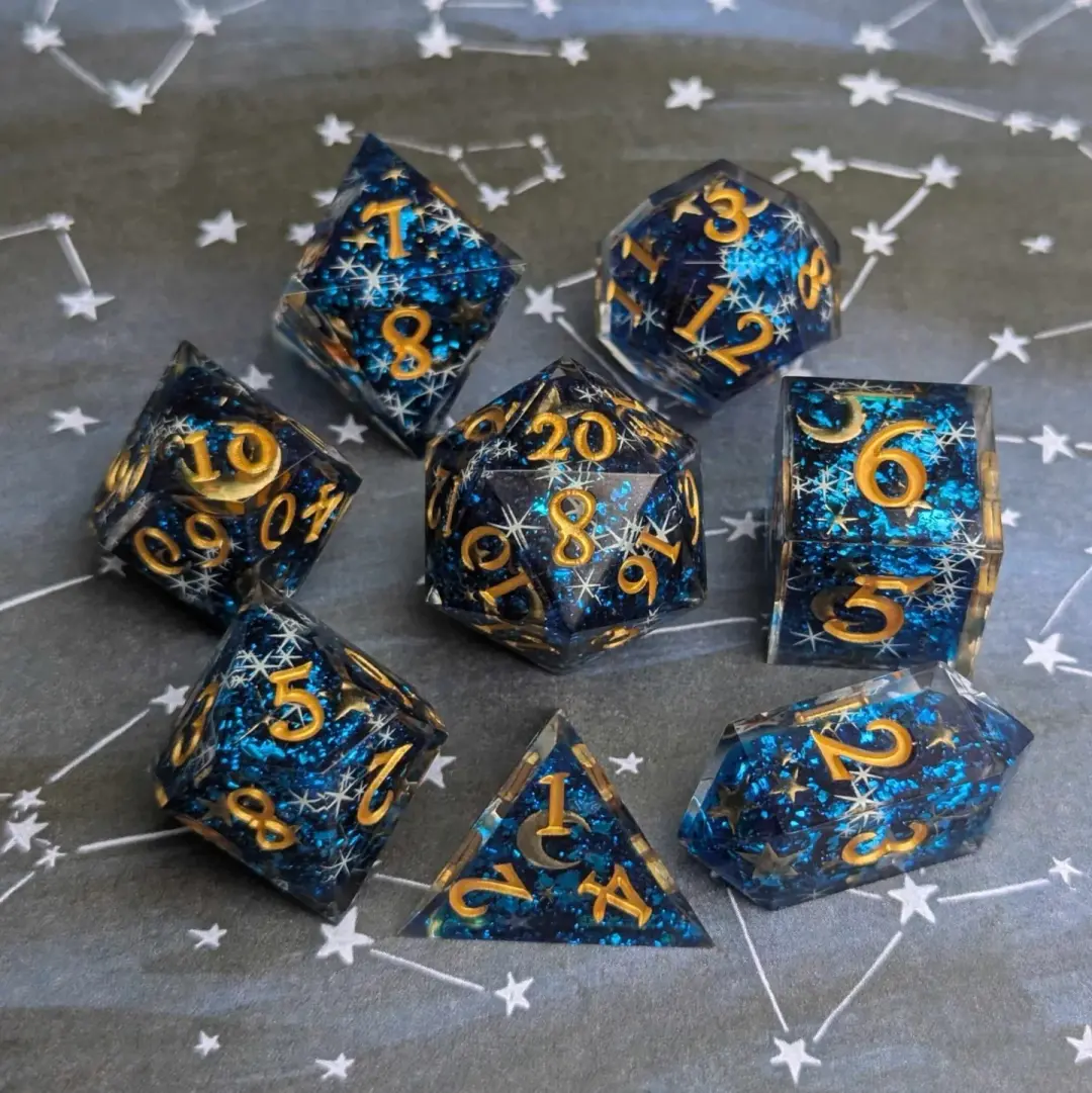 Celestial Dreams Dice Set – Sharp Edge Blue Star Moon DnD Dice | Fennek & Finch
