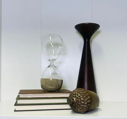 Sands of Time set-Hourglass, MCM wood candle holder, wooden acorn, color coordinated books