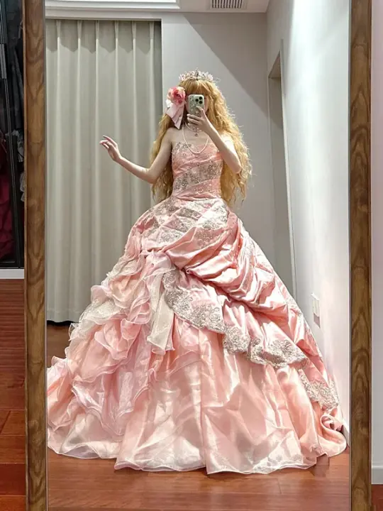 Light pink strapless fitted waist slim-fitting ball gown/bridal dress R8630