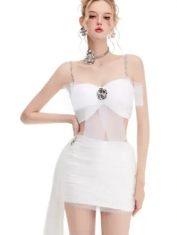 White suspender bow design waist sexy hip mini skirt homecoming dress R4484