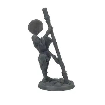 Unpainted 32mm 3D-printed female monk mid-form with a bladed fan raised and a long stave braced — tabletop RPG miniature for D&D, Pathfinder & wargaming