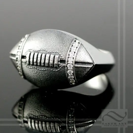 Mens Football Signet - A  Solid Sterling Silver Football Signet Ring with diamond or CZ