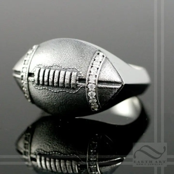Mens Football Signet - A  Solid Sterling Silver Football Signet Ring with diamond or CZ