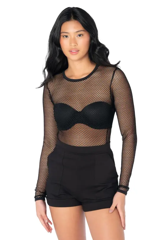 Black Fishnet Boat Neck Long Sleeve Top