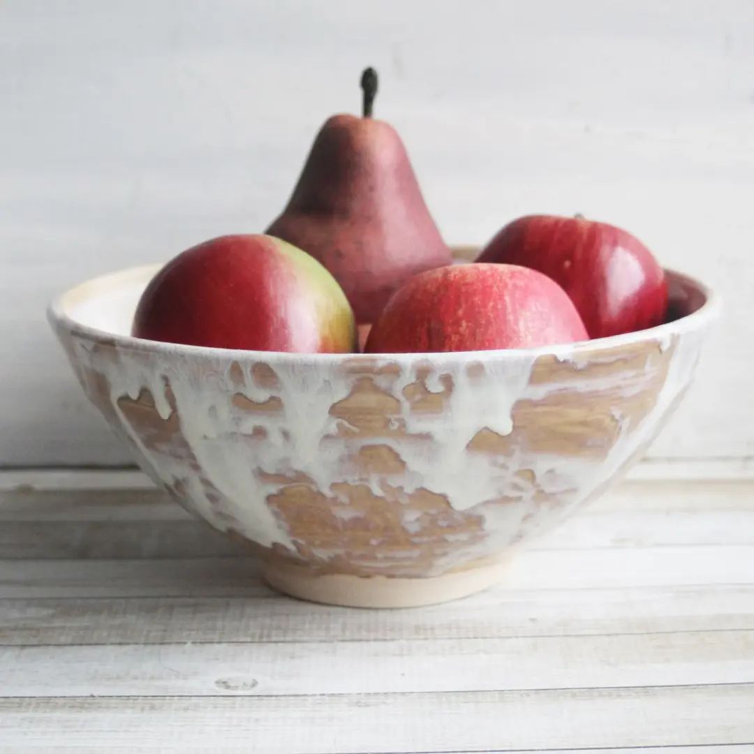 Custom Order for Kathleen, Rustic Serving Bowl with White and Ocher Dripping Glazes