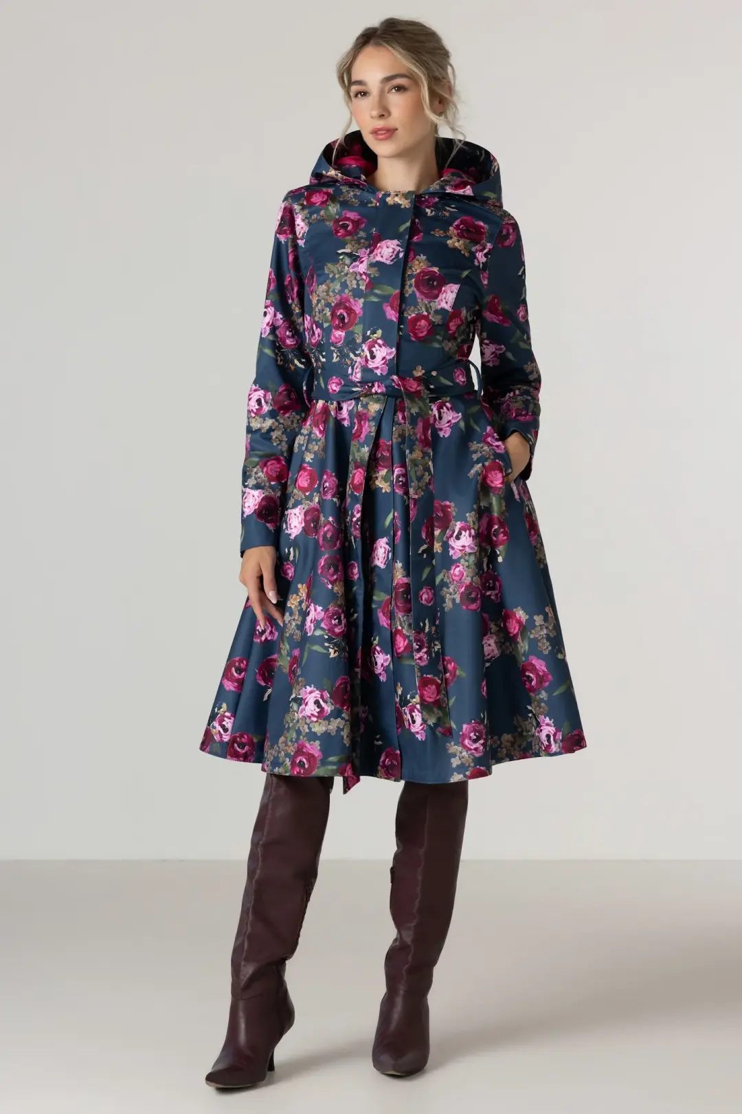 Fit and Flare Coat with Pleated Back in Blue and Pink | Misty Rose