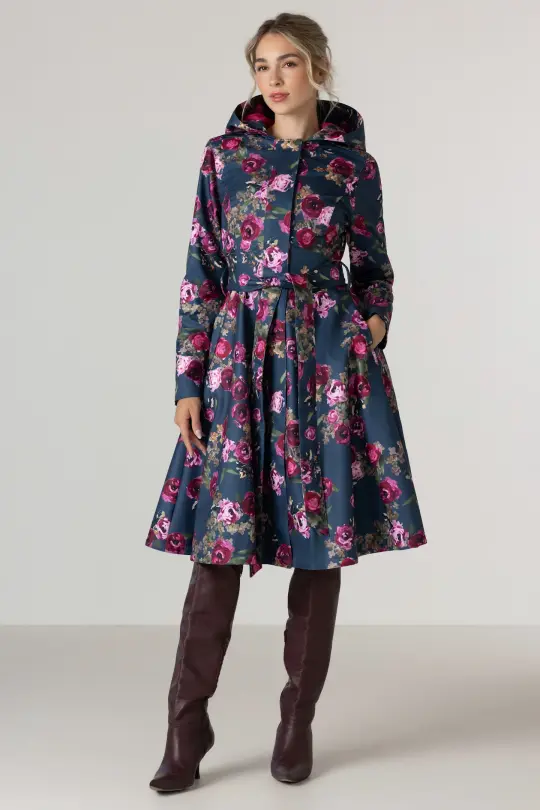 Fit and Flare Coat with Pleated Back in Blue and Pink | Misty Rose