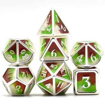 Three Colors Metal Dice Set – 7-Piece Green Brown White Silver Trim DnD Dice
