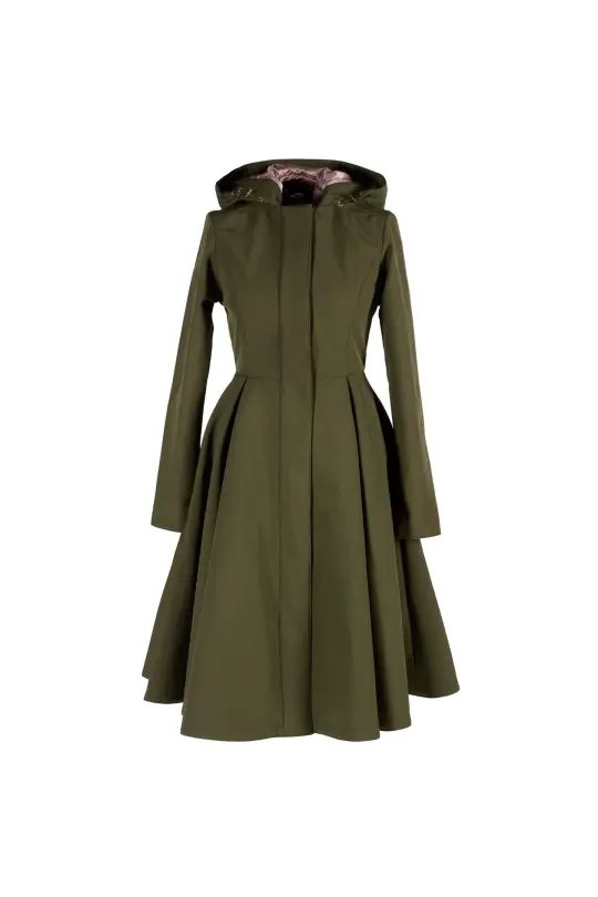 Fit and Flare Coat with Pleated Skirt in Khaki Green | Moss Green