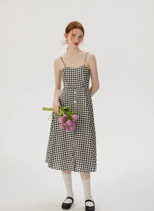 French retro plaid suspender dress niche design skirt women summer R3562