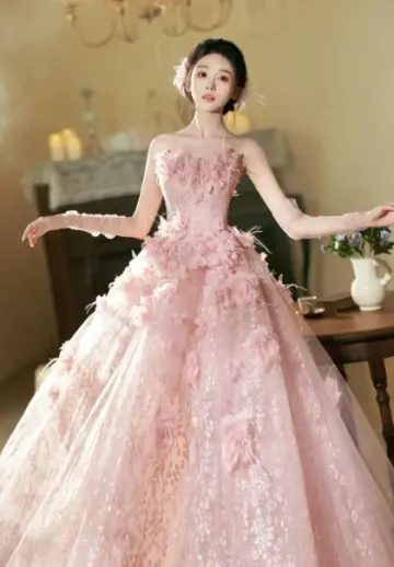 Romantic Tulle Floral Decor Corset Prom Gown , Dreamy Pink Maxi Evening Dress Quinceanera Dress RS1931