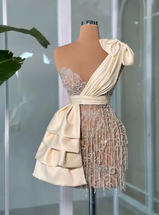 White asymmetrical neckline waist slim fit diamond sexy short skirt homecoming dress R4102