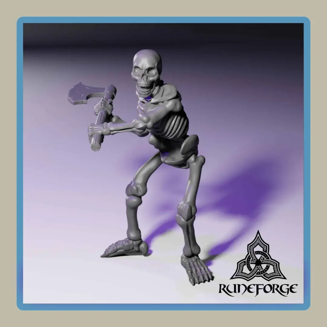 render of 28mm miniature undead unarmored skeleton with 2h axe