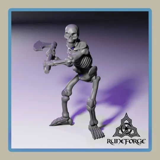 render of 28mm miniature undead unarmored skeleton with 2h axe