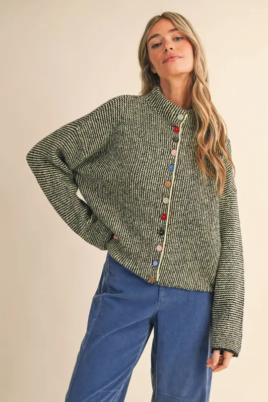 STRIPED SWEATER CARDIGAN WITH COLORFUL BUTTONS MSW11250