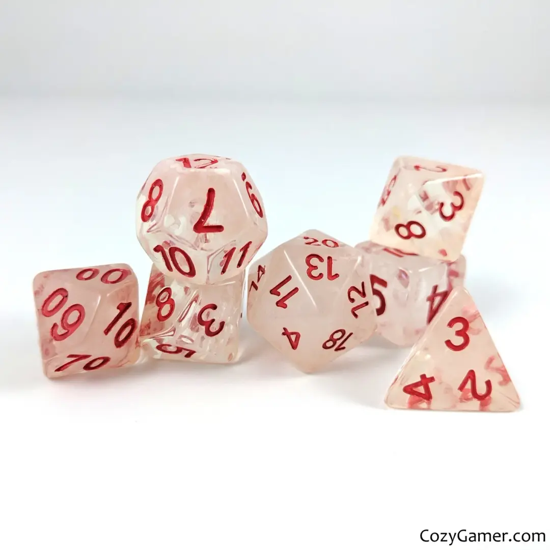 Cursed Dice Set – Clear Acrylic with White Clouds & Red Numbers