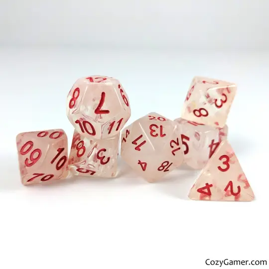 Cursed Dice Set – Clear Acrylic with White Clouds & Red Numbers