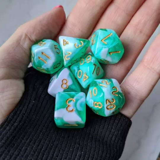 Teal White Dice Set – 7-Piece Two Tone Marbled Ocean DnD Dice
