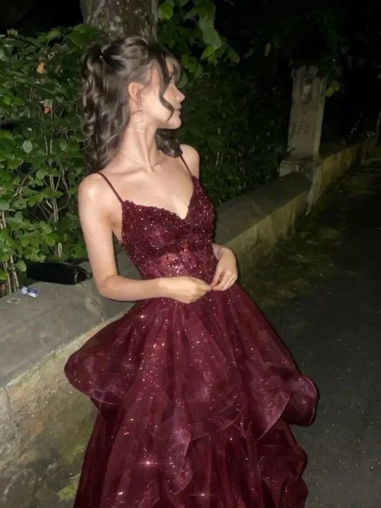 Sparkly Frilled Tulle Women's Prom Gown Burgundy Corset Maxi Evening Dress Birthday Dress — Fall Outfit 2026 New RS3206