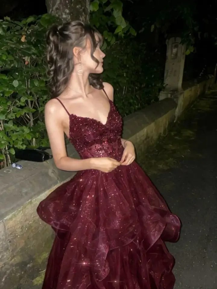 Sparkly Frilled Tulle Women's Prom Gown Burgundy Corset Maxi Evening Dress Birthday Dress — Fall Outfit 2026 New RS3206