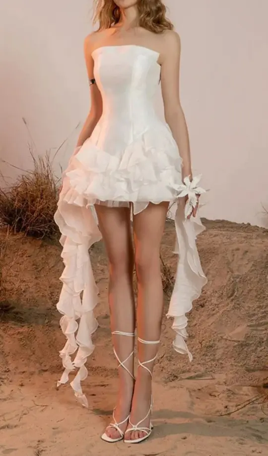 White tube top slim irregular hem mini skirt homecoming dress R2561
