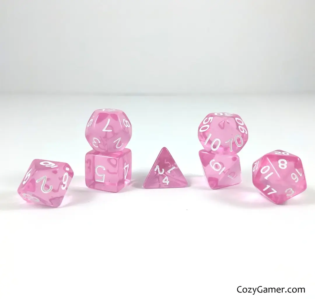 Pretty Pink Dice Set – 7-Piece Clear Medium Pink Acrylic DnD Dice