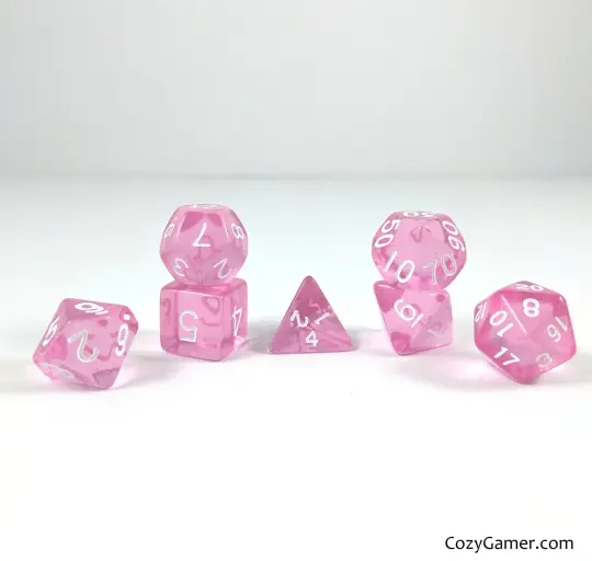 Pretty Pink Dice Set – 7-Piece Clear Medium Pink Acrylic DnD Dice