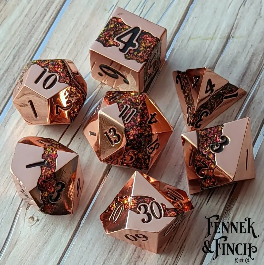 Fissure Metal Dice Set – 7-Piece Copper Red Glitter Stripe DnD Dice