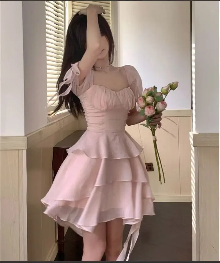 Pink Chiffon Short Sleeve Waist Slim Sexy Layered Skirt Homecoming Dress R4063