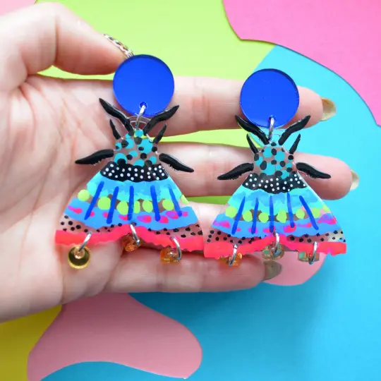 Moth Laser Cut Acrylic Earrings in Blue and Pink
