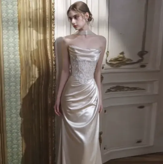 Silky Satin Embroidered Corset Prom Gown , Ivory Women's Maxi Evening Dress RS2389
