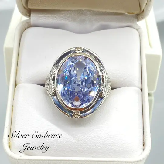 White CZ Ring, Size 7, Large Oval Ring, Victorian Jewelry Design#D2 - Ready to Ship
