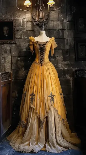 Gold square neckline, fitted waist, long ball gown with a full skirt R8124