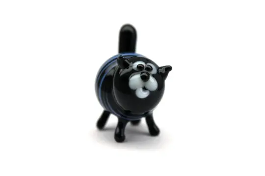Mini Black Cat Figurine With Blue Stripes — Murano Glass Artwork