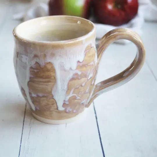 Rustic White and Ocher Stoneware Mug with Dripping Glazes, 12 Ounce Coffee Cup, Made in USA