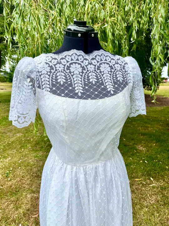 Vintage 1970s Cream All-Lace Dress – High Neck Illusion Bodice & Puff Sleeves