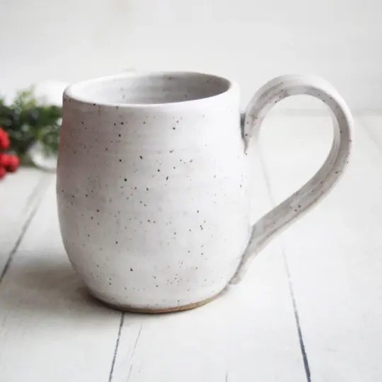 Matte White Speckled Stoneware Mug, Rustic Pottery, 14 Ounce Made in USA