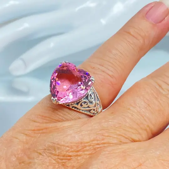 Pink Topaz Ring, Size 7, Heart Gem, Gothic Filigree Jewelry #D132 - Ready to Ship
