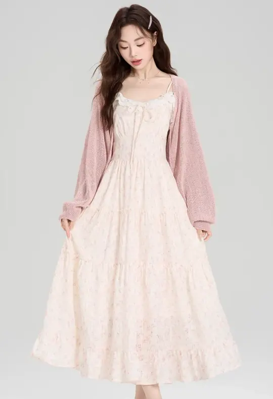 French floral suspender skirt, beautiful and gentle style dress with cardigan two-piece suit R2382